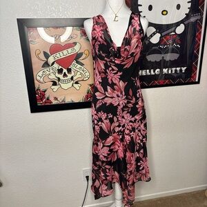 Connected Apparel Black Pink Floral Cowl Neck Dress Y2K Boho Fairycore